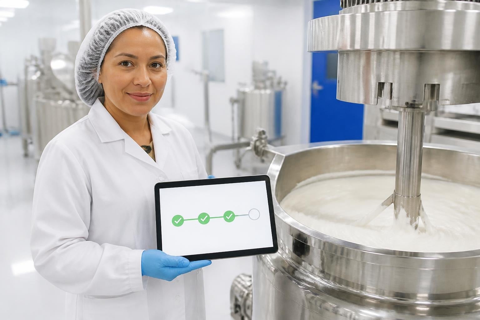 Técnica de laboratorio cosmético registrando el batch record electrónico en una tablet junto al tanque de fabricación
